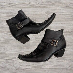RUPERT Vintage Black Leather Square Toe Stripe Western Moto Ankle Boots EU 38